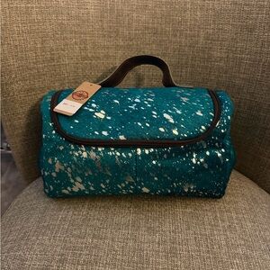 Teal Acid Wash on Cowhide Toiletry Bag - Women's Handheld Travel Pouch